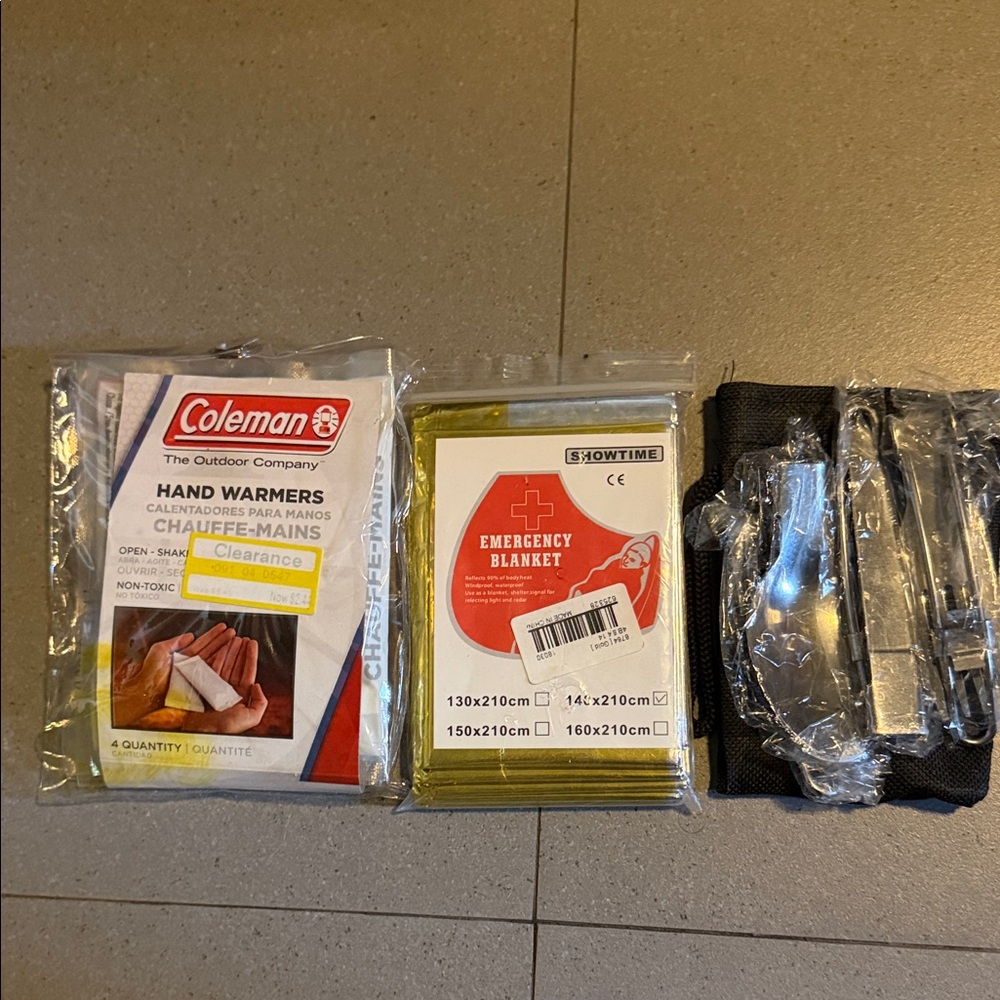 Coleman Hand Warmers and Gold Emergency Blanket and portable utensil set